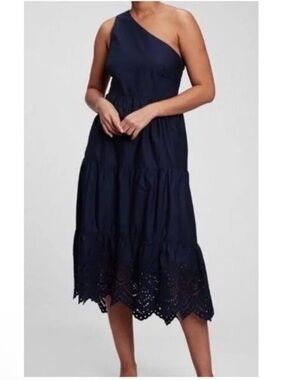 GAP Eyelet Midi Dress One Shoulder Navy Eyelet Trim Cotton Percale Size 6 Pocket
